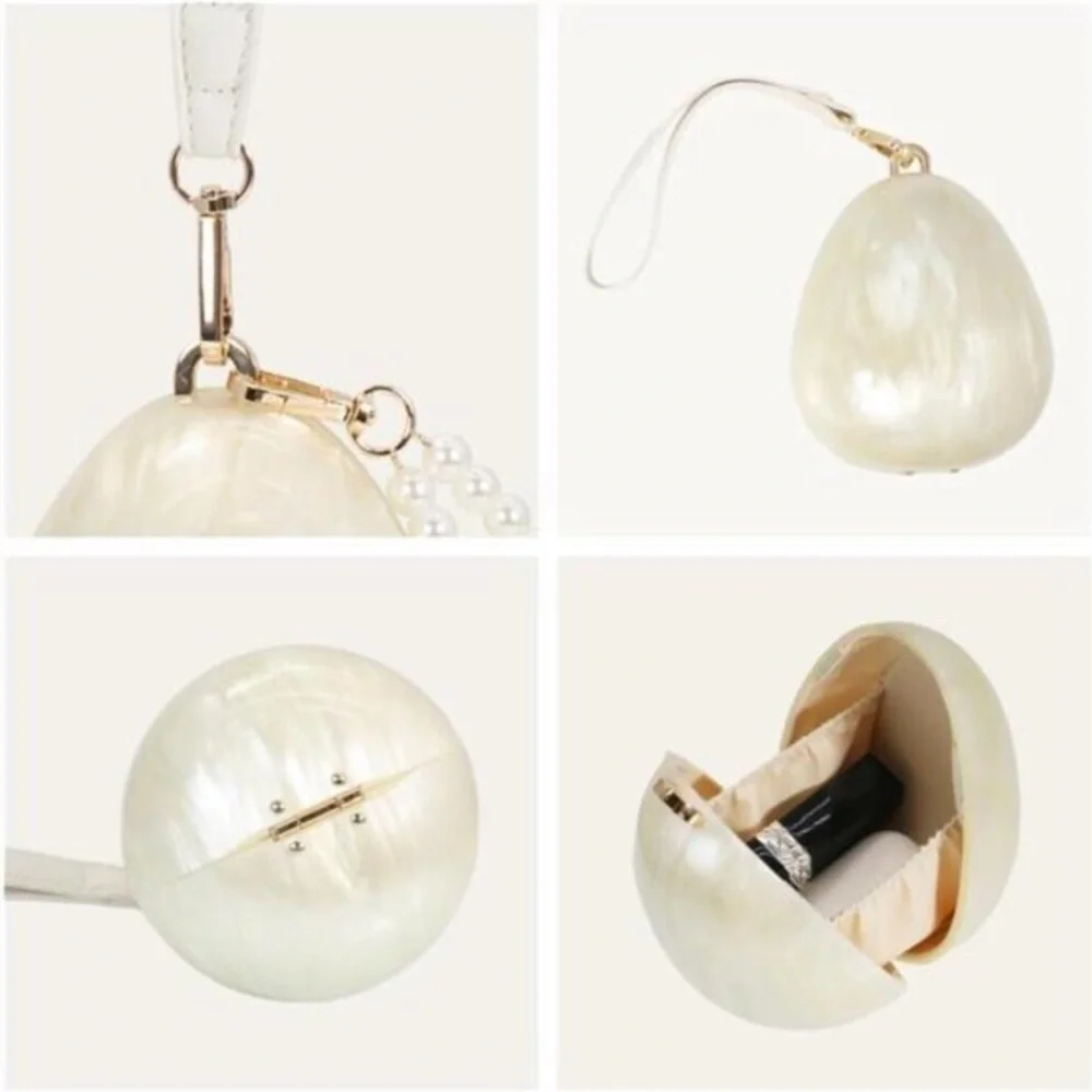 Pearl Acrylic Egg-Shaped Clutch – Marble Evening Purse with Chain - Picture 3 of 6